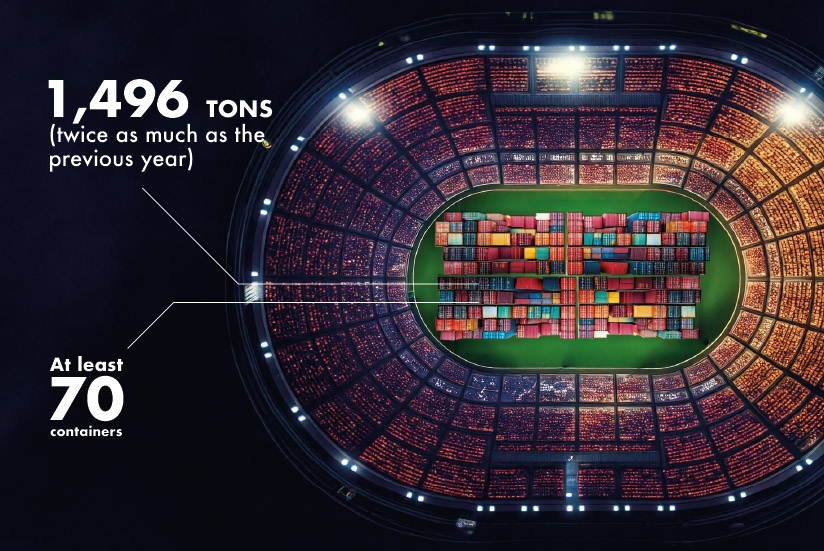 Vista aérea de un estadio lleno, mostrando contenedores de carga en el campo 