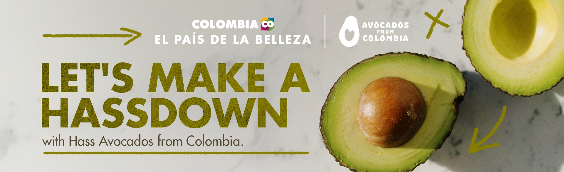 promocional de aguacates Hass de Colombia con el eslogan 'Let's make a Hassdown',