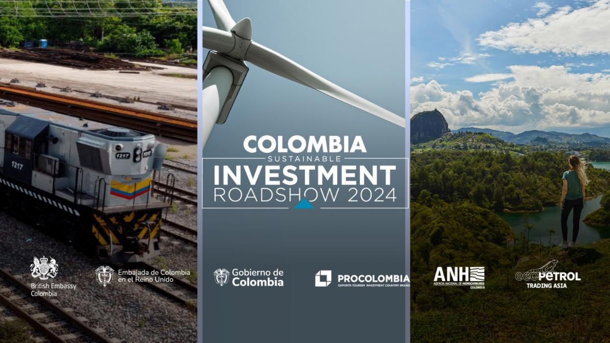 Tres imágenes de sostenibilidad, un tres, un molino de viento y un paisaje de Colombia.