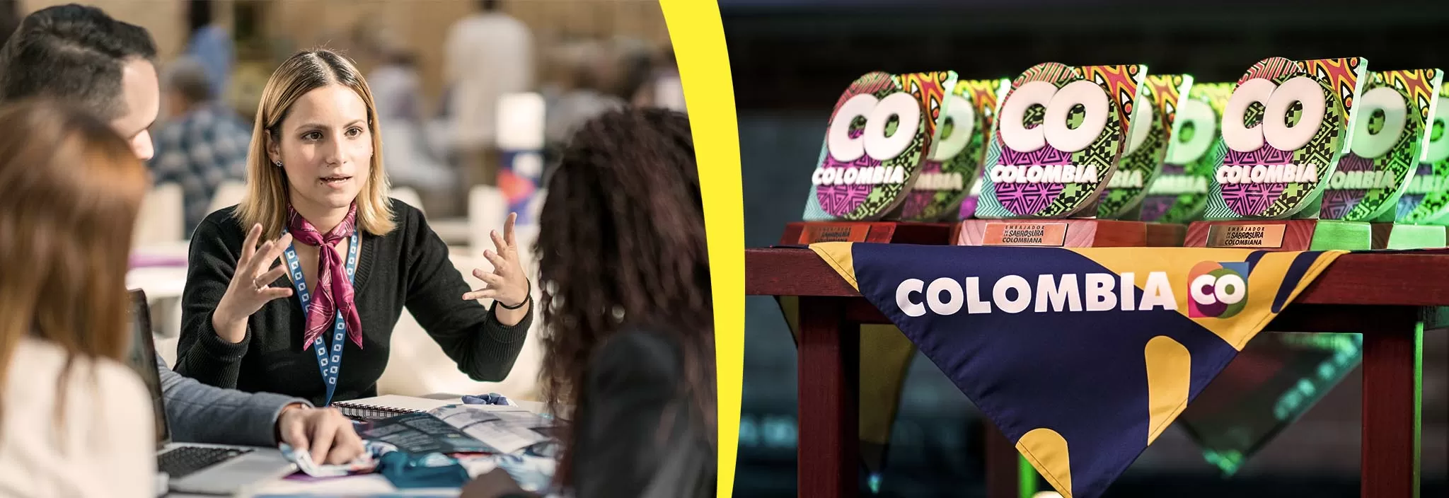 Dos imágenes en un banner, en la izquierda una mujer exponiendo y en la derecha los premios de Colombia Co