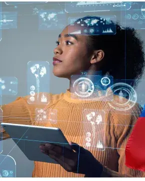 Bandera de Colombia y mujer con conexión digital