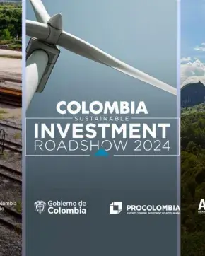 Tres imágenes de sostenibilidad, un tres, un molino de viento y un paisaje de Colombia.