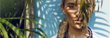 Primer plano de mujer detrás de arboles 