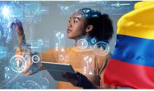 Bandera de Colombia y mujer con conexión digital