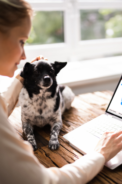Mujer comprando por internet acompañada de su mascota