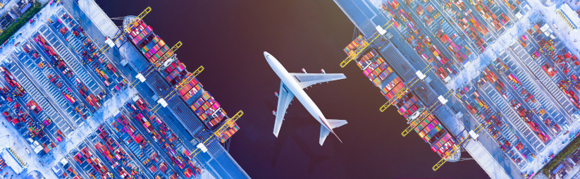 Exportaciones de manufacturas colombianas en un avión que vuela sobre barcos de carga con otros bienes colombianos.